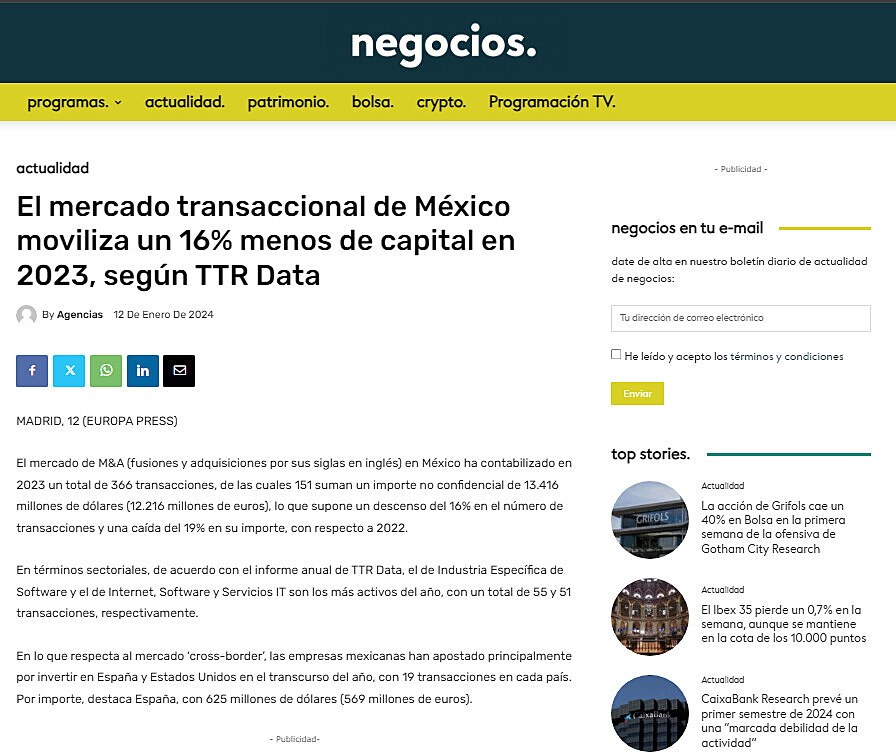 El mercado transaccional de Mxico moviliza un 16% menos de capital en 2023, segn TTR Data